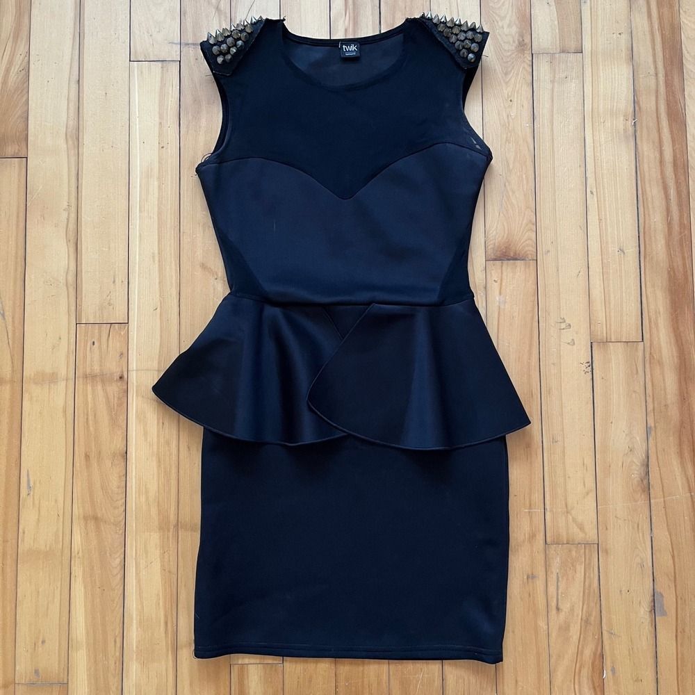 Twik Exclusive Simons Black Studded Shoulder Peplum Dress Size 10